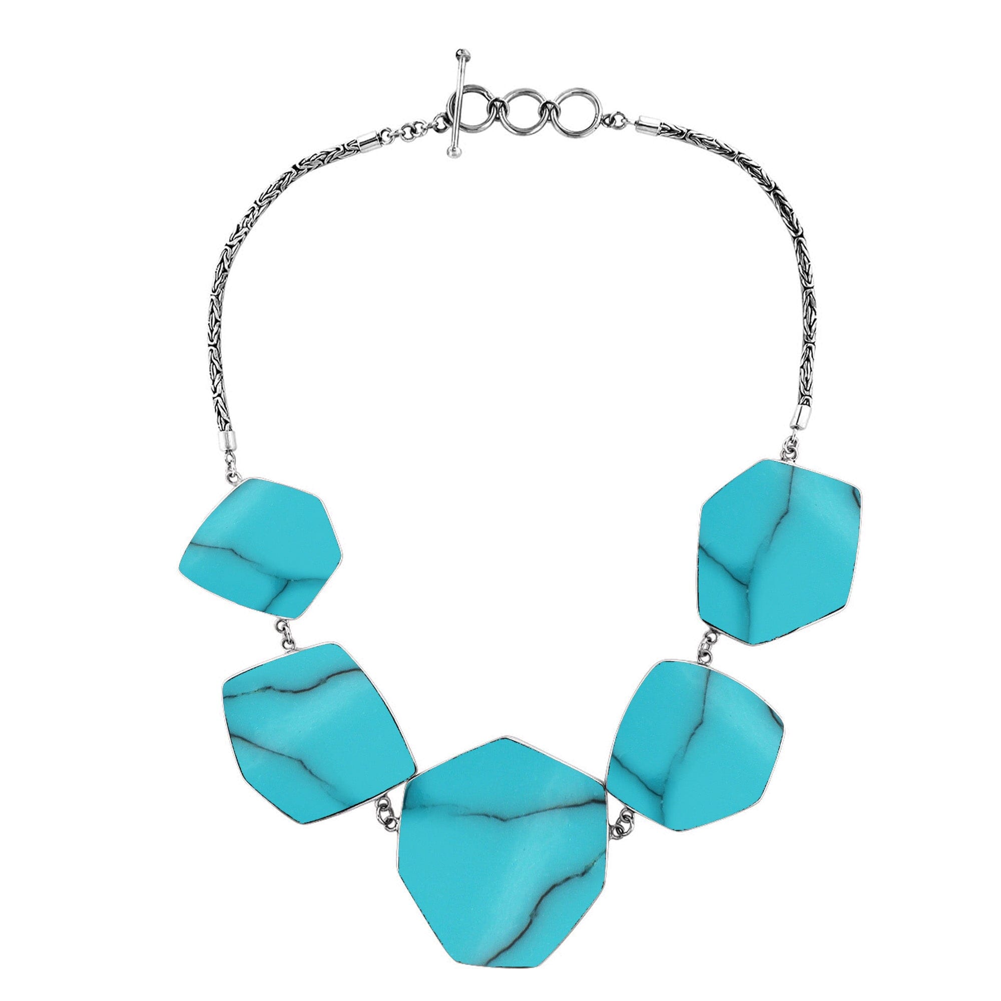 Sterling silver necklace with hexagon turquoise shell links, polished artisan finish.