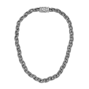 Sterling silver braided chain necklace with ornate clasp, artisan handcrafted.