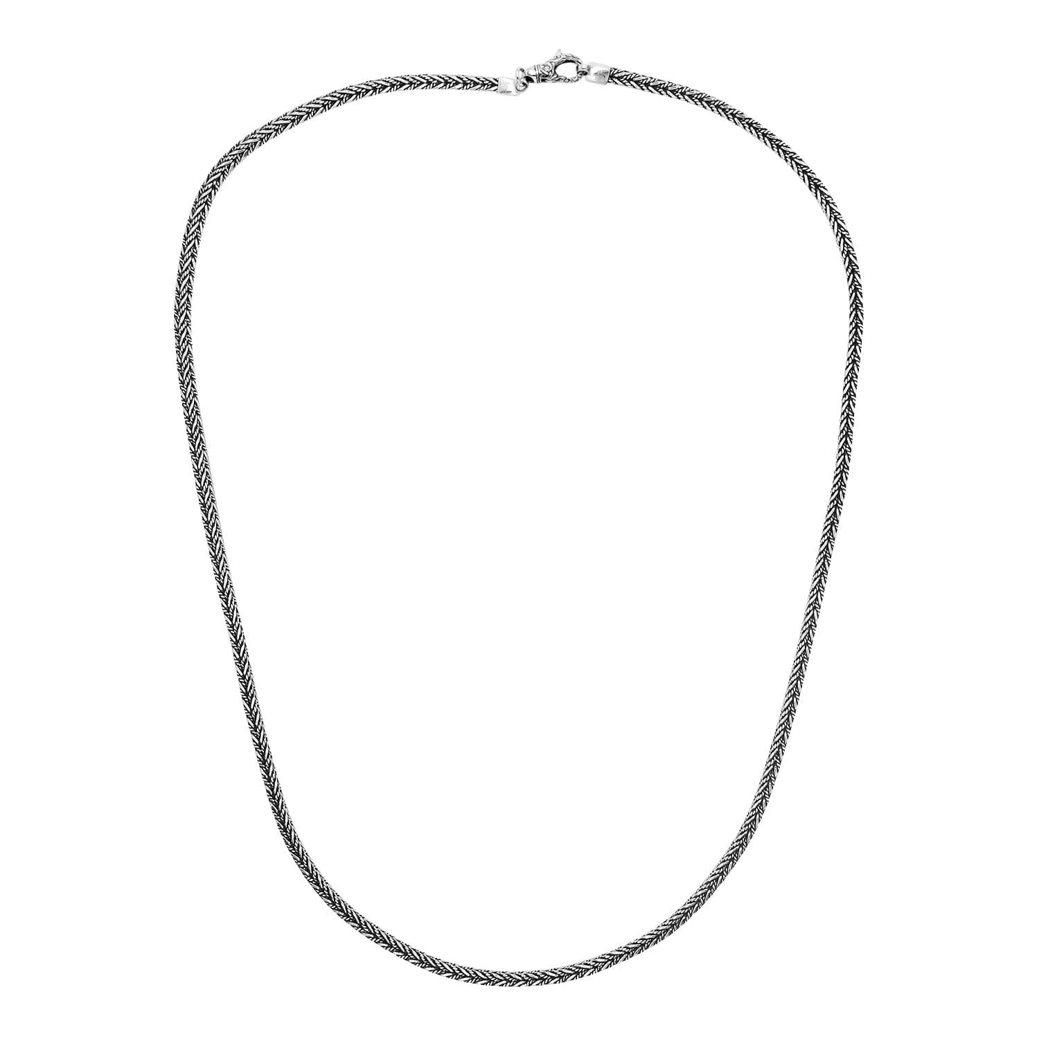 Wholesale sterling silver 4MM wheat chain necklace with oxidized-polished finish and lobster clasp, handcrafted in Bali.