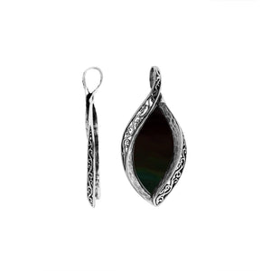 Wholesale sterling silver marquise pendant with genuine black shell inlay and intricate Balinese carving, handcrafted in Bali.