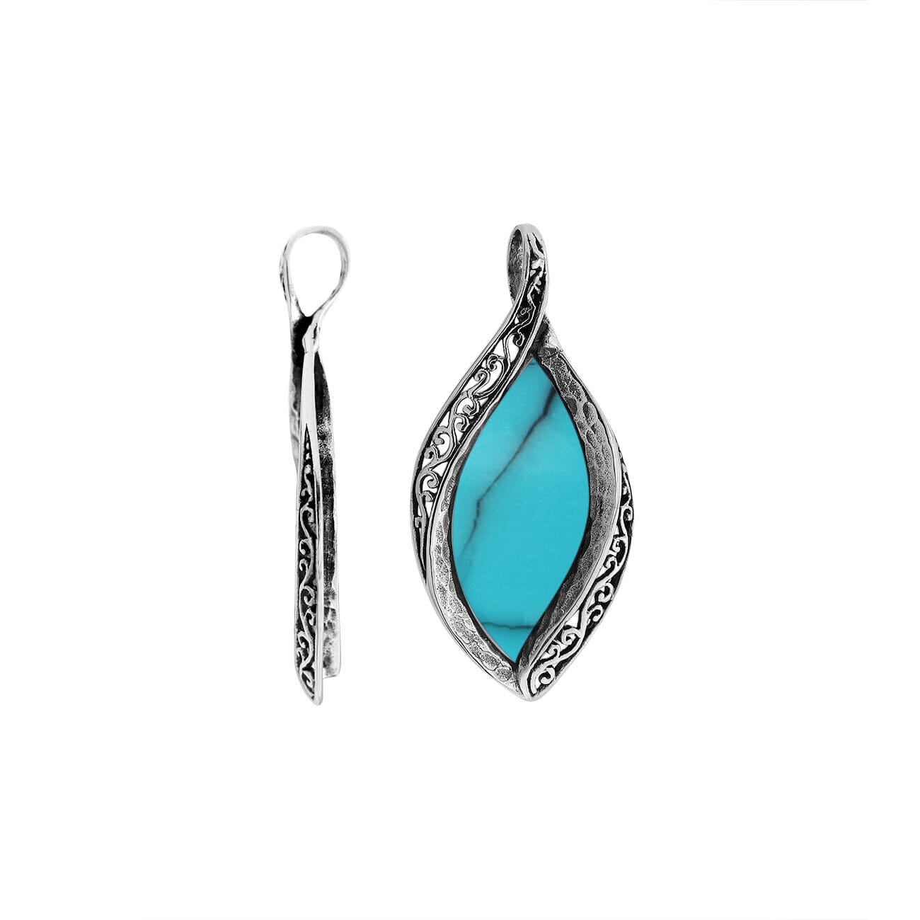 Wholesale sterling silver marquise pendant with genuine turquoise inlay and intricate Balinese carving, handcrafted in Bali.