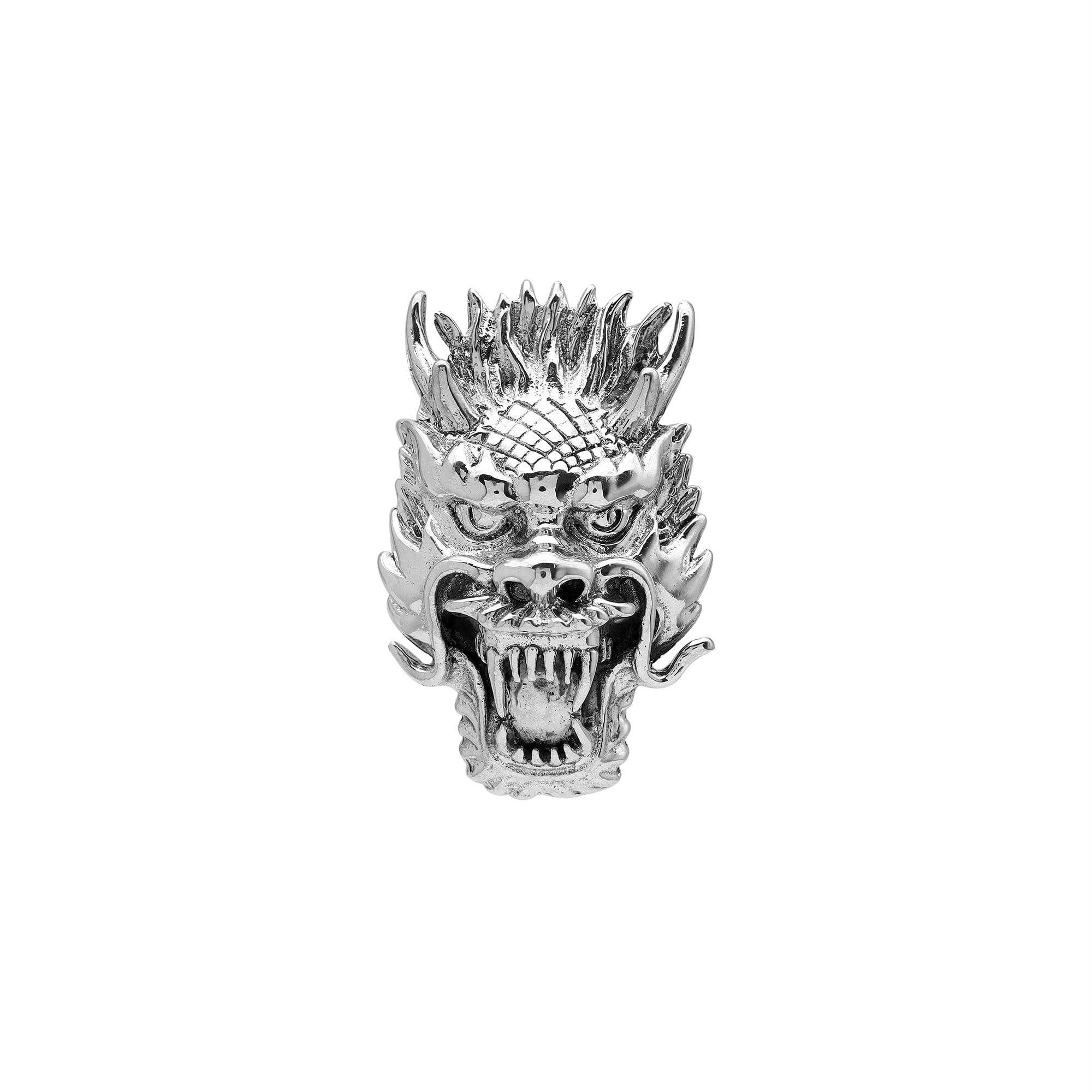 Wholesale sterling silver dragon head pendant with intricate carving, handcrafted Bali artisan jewelry for bulk buyers.