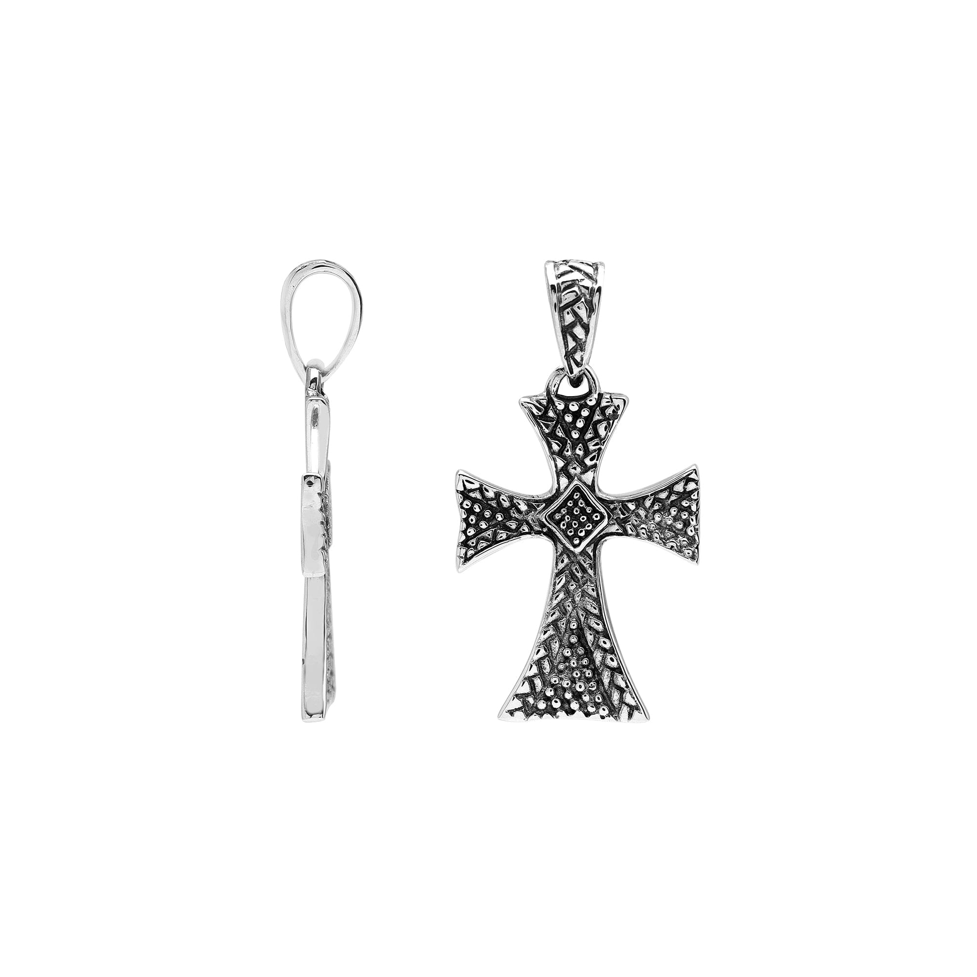 Wholesale sterling silver cross pendant with textured patterns and oxidized finish, handcrafted Bali artisan jewelry for bulk buyers.