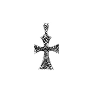 Wholesale sterling silver cross pendant with textured patterns and oxidized finish, handcrafted Bali artisan jewelry for bulk buyers.