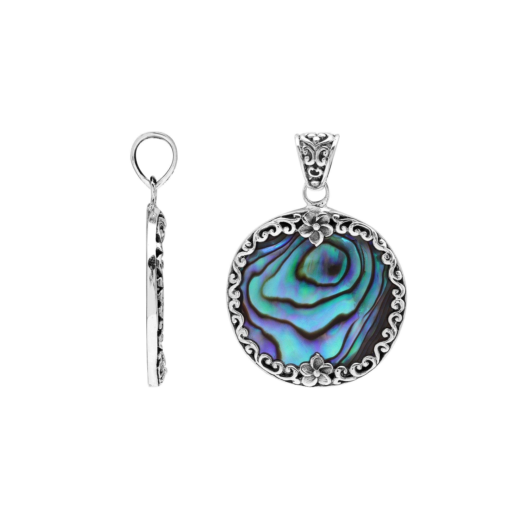 Wholesale sterling silver round pendant with abalone shell inlay and floral scroll accents, handcrafted Bali artisan jewelry for bulk buyers.