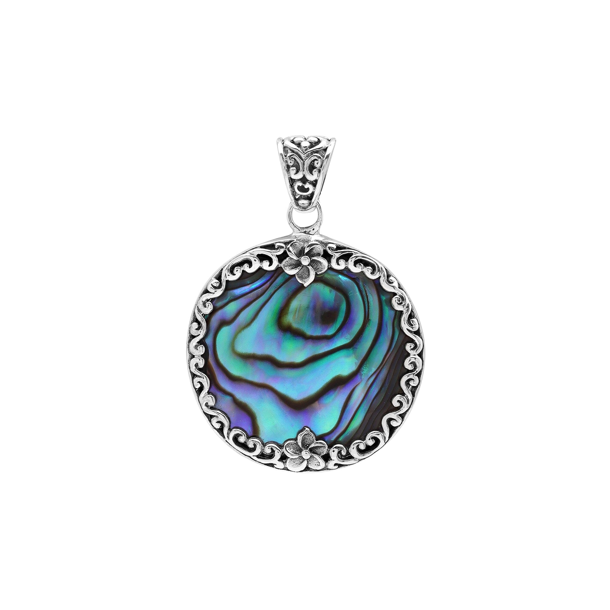 Wholesale sterling silver round pendant with abalone shell inlay and floral scroll accents, handcrafted Bali artisan jewelry for bulk buyers.