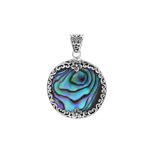 Wholesale sterling silver round pendant with abalone shell inlay and floral scroll accents, handcrafted Bali artisan jewelry for bulk buyers.