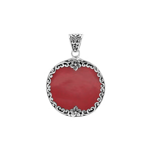 Sterling silver wholesale pendant with round coral gemstone, floral frame design, handcrafted Bali jewelry