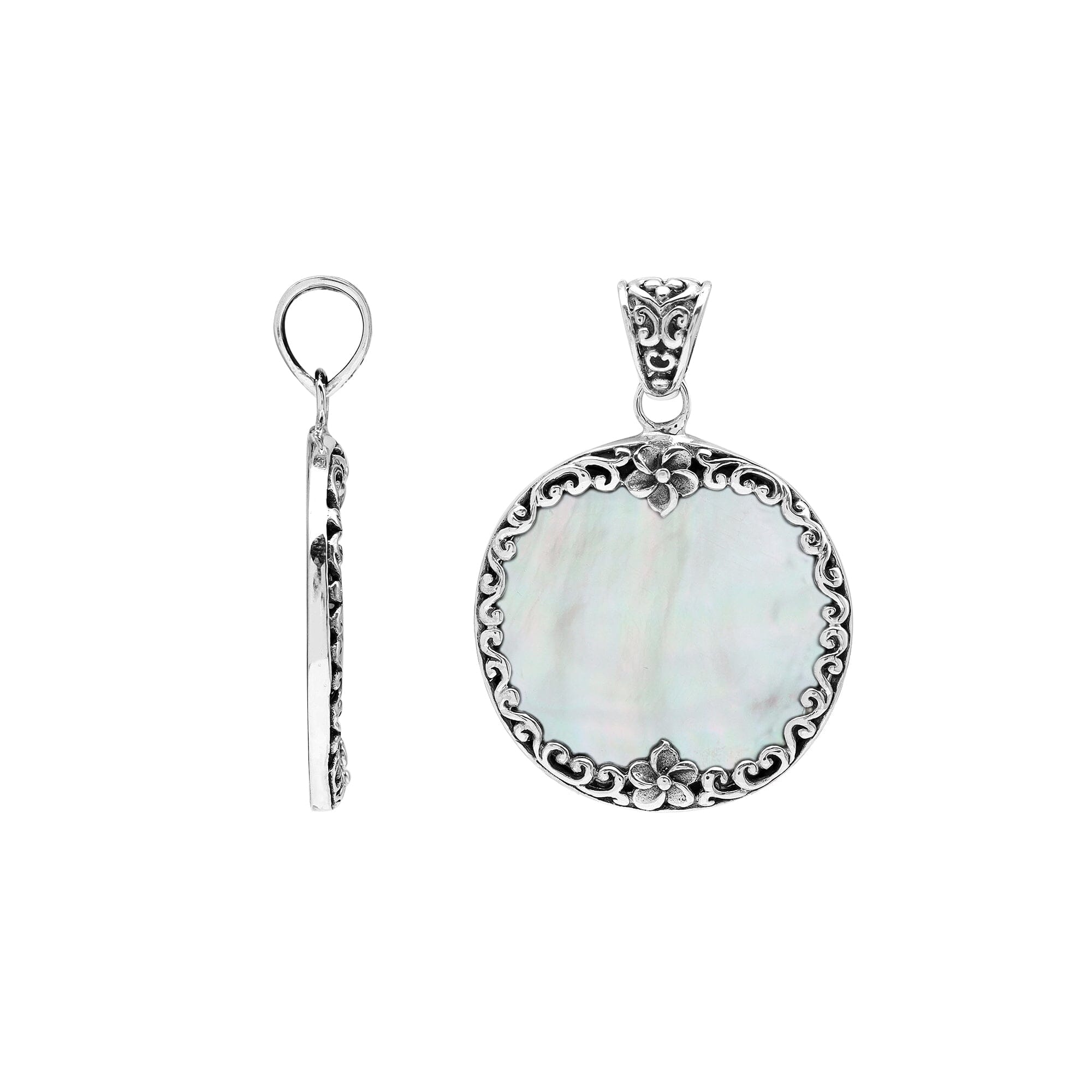 Sterling silver wholesale pendant with round mother of pearl gemstone, floral border design, handcrafted Bali jewelry