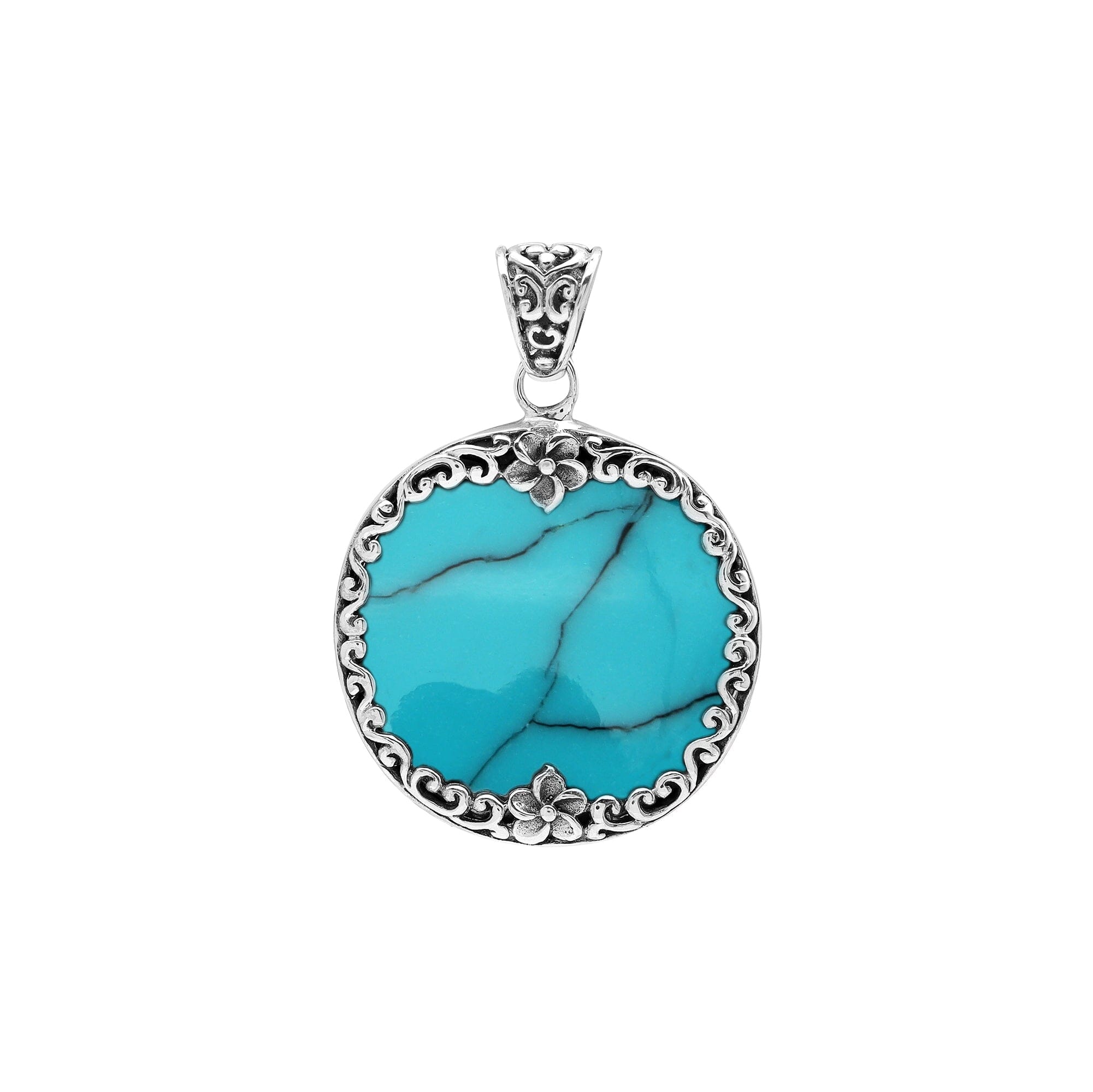 Sterling silver round pendant with genuine turquoise, handcrafted in Bali with floral and scroll design – wholesale gemstone jewelry supplier.