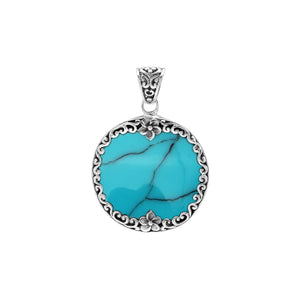 Sterling silver round pendant with genuine turquoise, handcrafted in Bali with floral and scroll design – wholesale gemstone jewelry supplier.