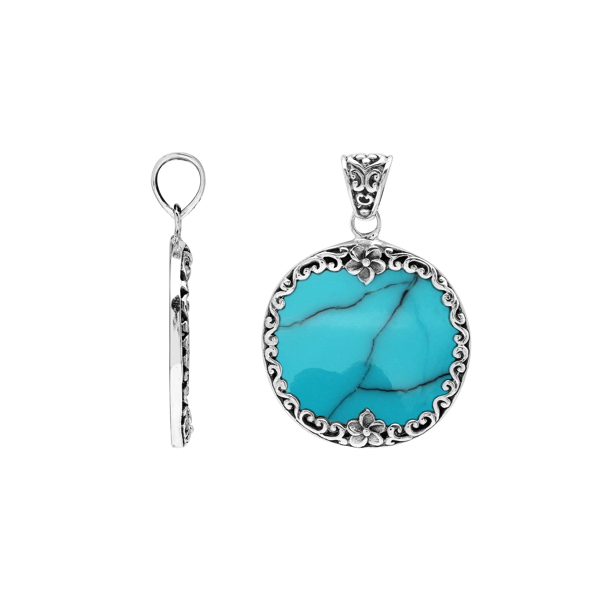 Sterling silver round pendant with genuine turquoise, handcrafted in Bali with floral and scroll design – wholesale gemstone jewelry supplier.