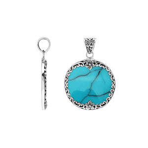 Sterling silver round pendant with genuine turquoise, handcrafted in Bali with floral and scroll design – wholesale gemstone jewelry supplier.