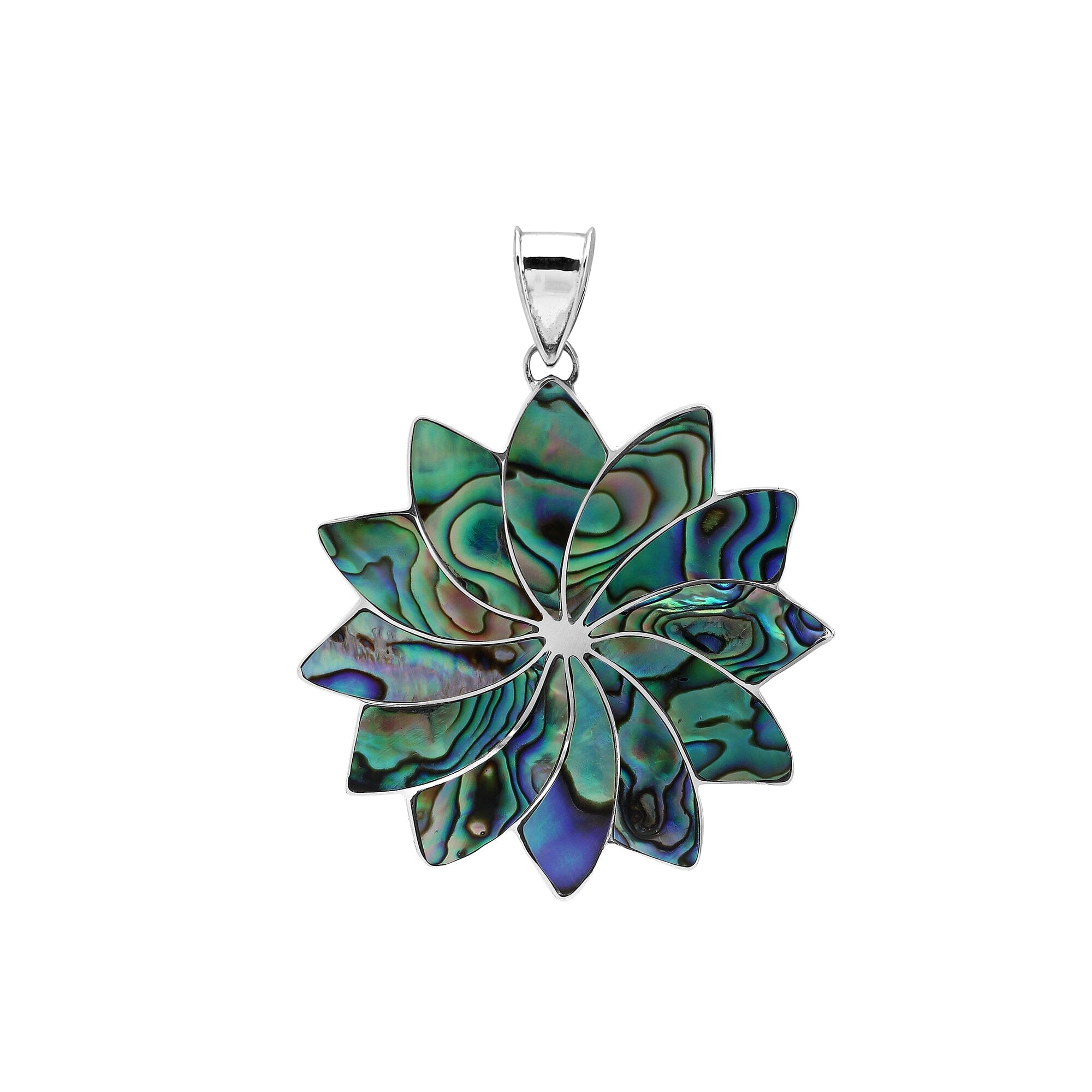 Sterling silver flower pendant with genuine Abalone Shell, handcrafted in Bali with multi-petal design – wholesale gemstone jewelry supplier.