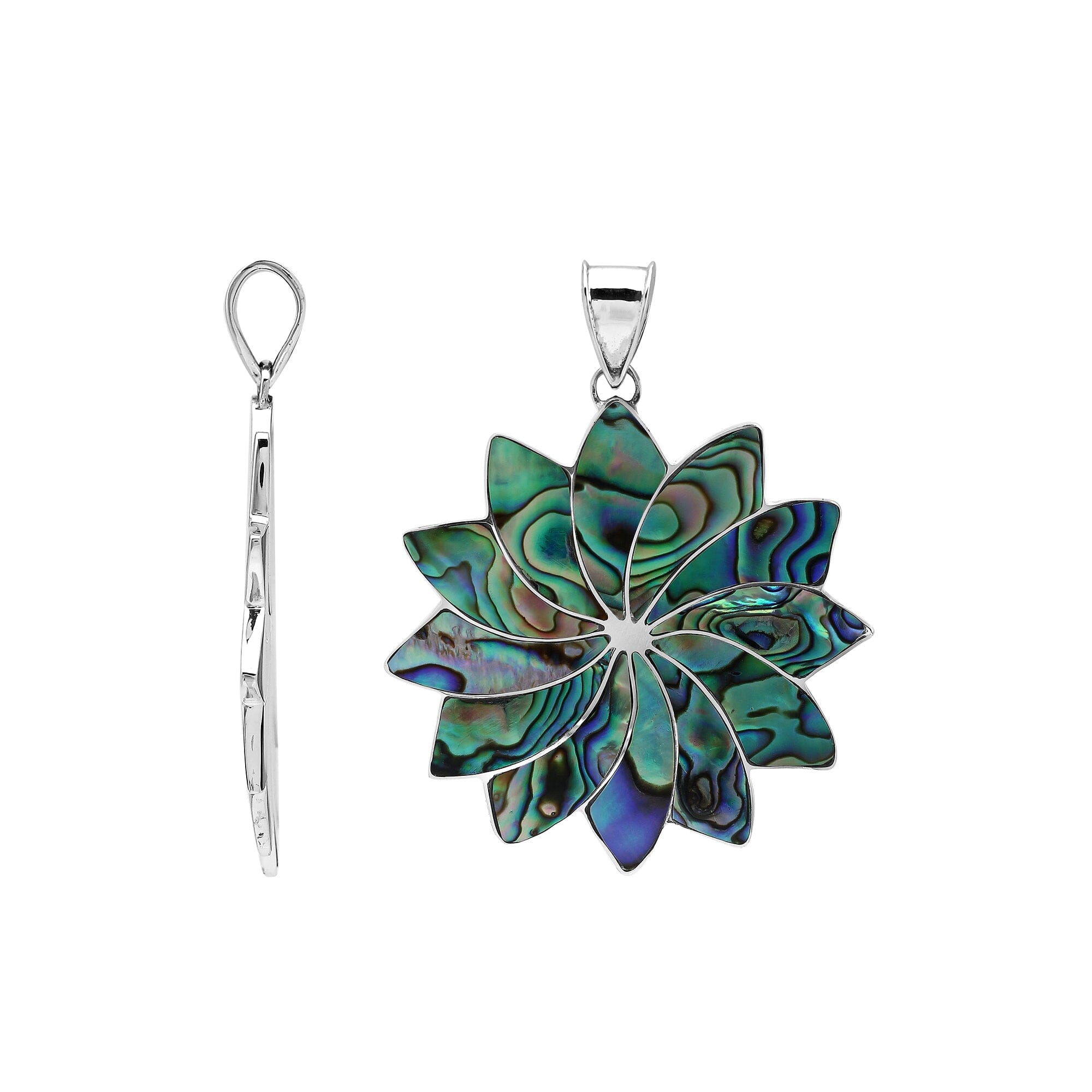 Sterling silver flower pendant with genuine Abalone Shell, handcrafted in Bali with multi-petal design – wholesale gemstone jewelry supplier.