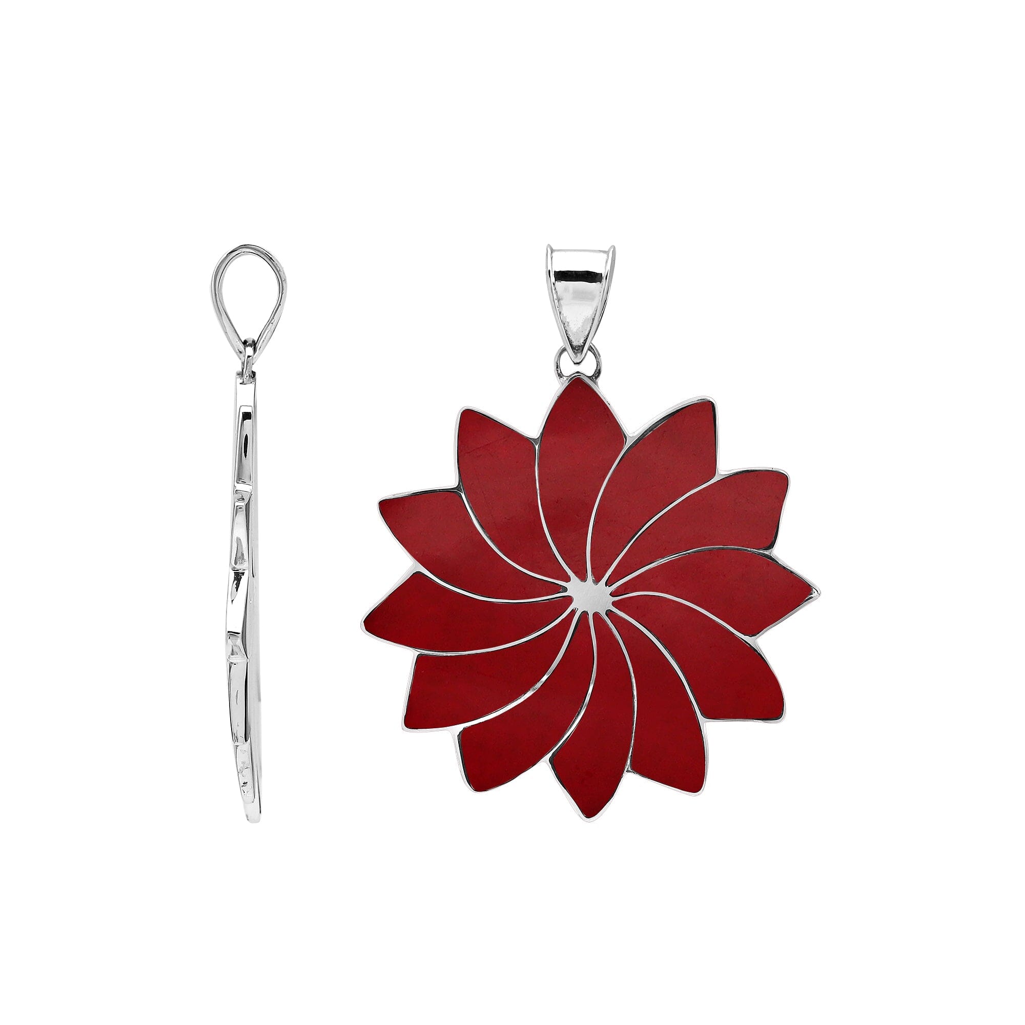 Sterling silver flower pendant with genuine red coral, handcrafted in Bali with petal design – wholesale gemstone jewelry supplier.
