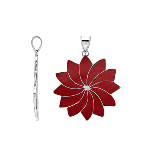 Sterling silver flower pendant with genuine red coral, handcrafted in Bali with petal design – wholesale jewelry supplier.