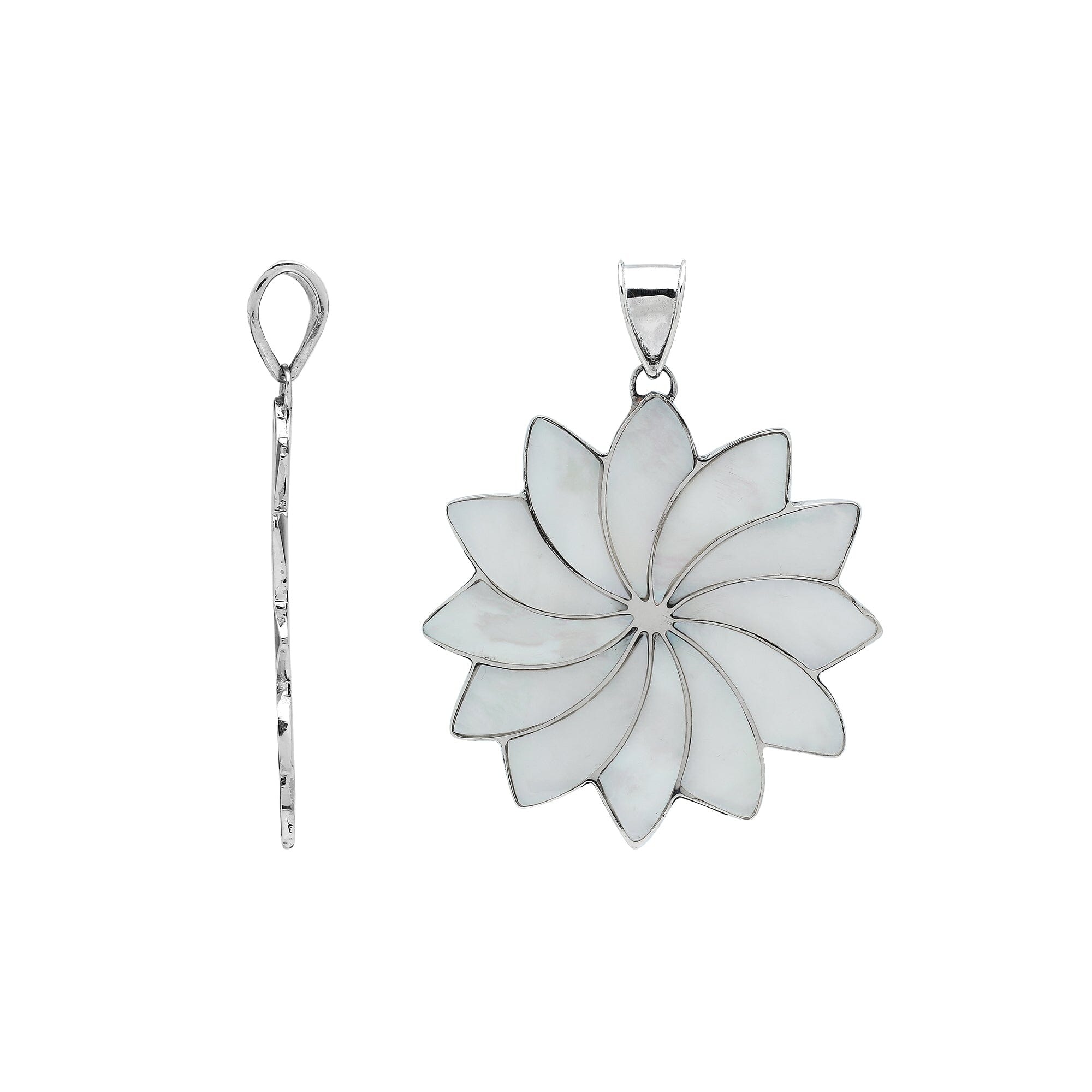 Sterling silver flower pendant with genuine Mother of Pearl, handcrafted in Bali with multi-petal design – wholesale gemstone jewelry supplier.