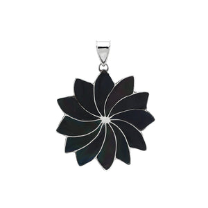 Sterling silver flower pendant with genuine black shell, handcrafted in Bali with petal design – wholesale gemstone jewelry supplier.