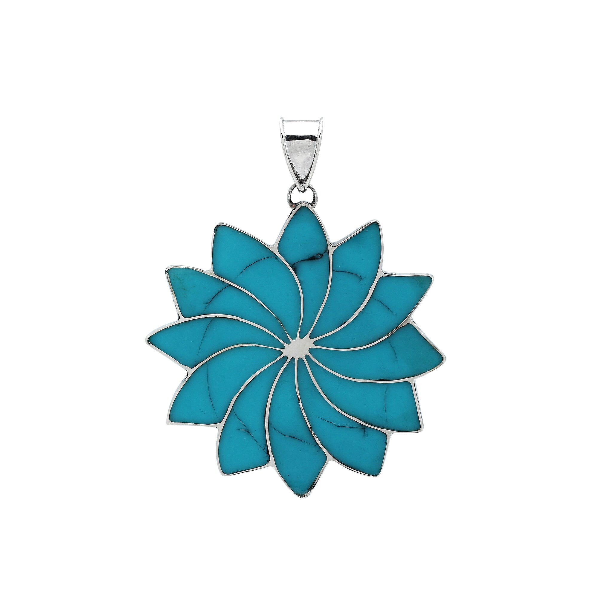 Sterling silver flower pendant with genuine turquoise, handcrafted in Bali with multi-petal design – wholesale gemstone jewelry supplier.