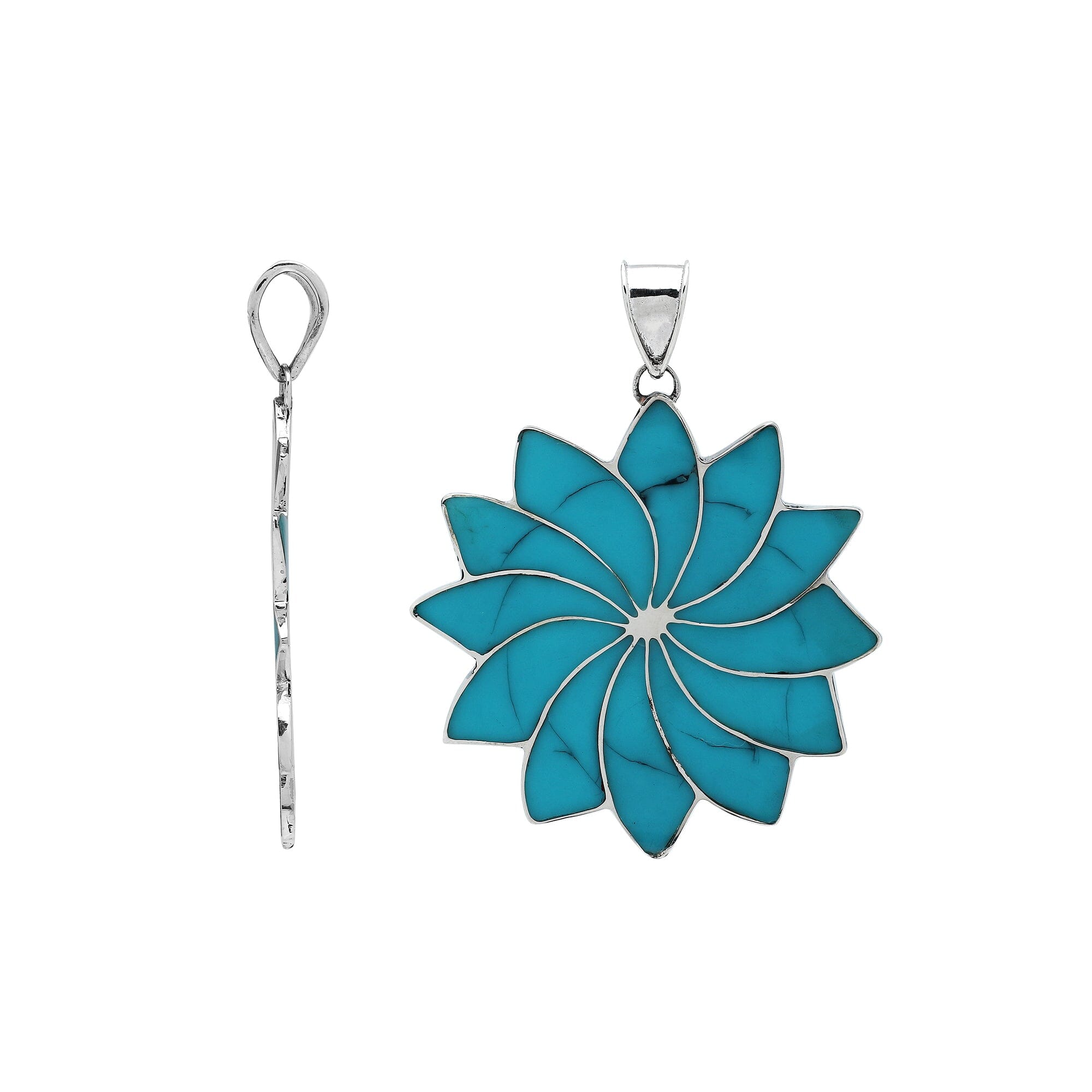 Sterling silver flower pendant with genuine turquoise, handcrafted in Bali with multi-petal design – wholesale gemstone jewelry supplier.