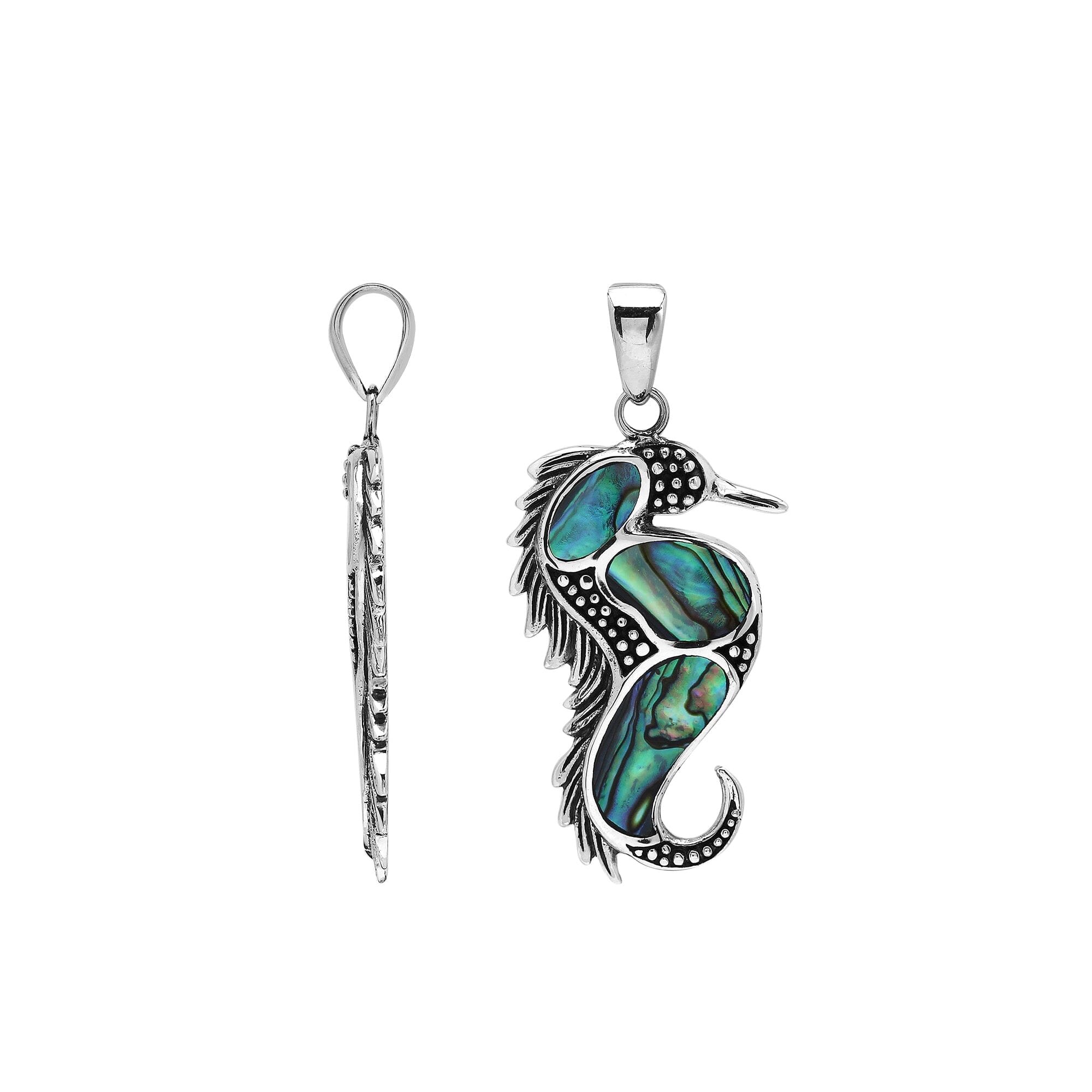 Wholesale sterling silver seahorse pendant with genuine abalone shell inlay, handcrafted in Bali – ocean-inspired artisan jewelry for bulk buyers.