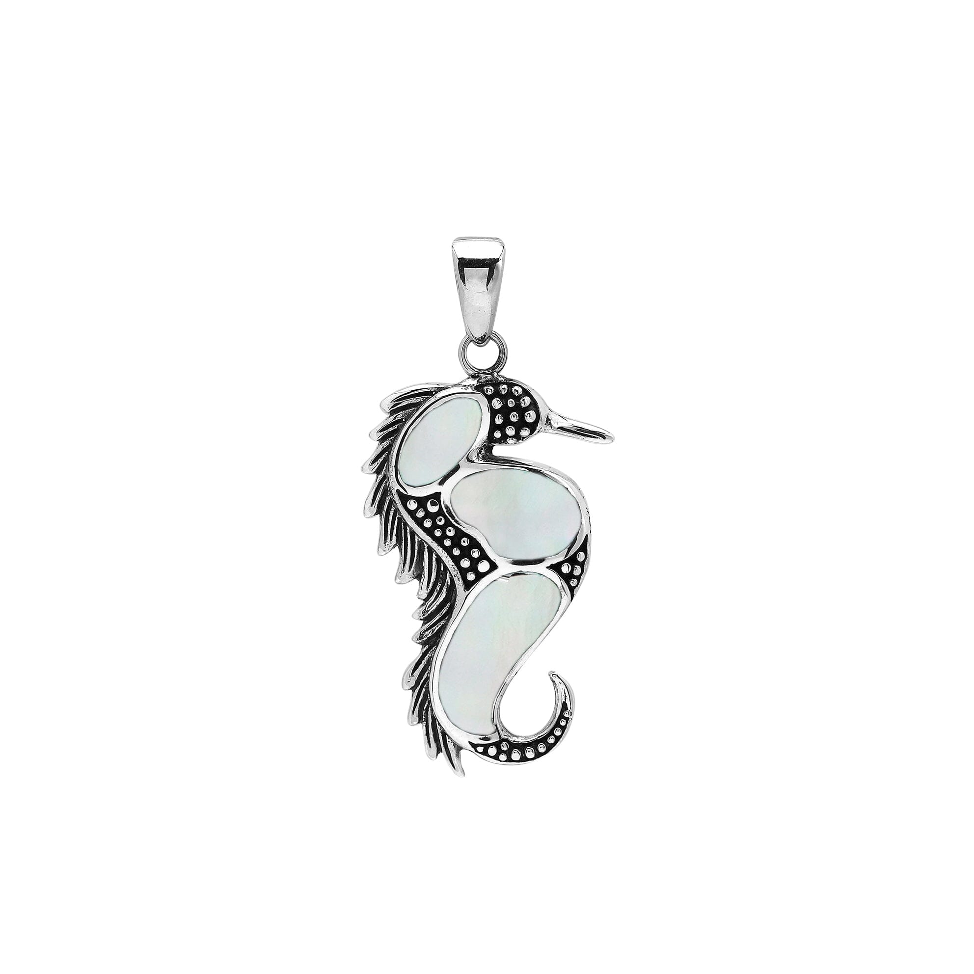 Wholesale sterling silver seahorse pendant with genuine mother of pearl inlay, handcrafted in Bali – artisan ocean-inspired jewelry for bulk buyers.