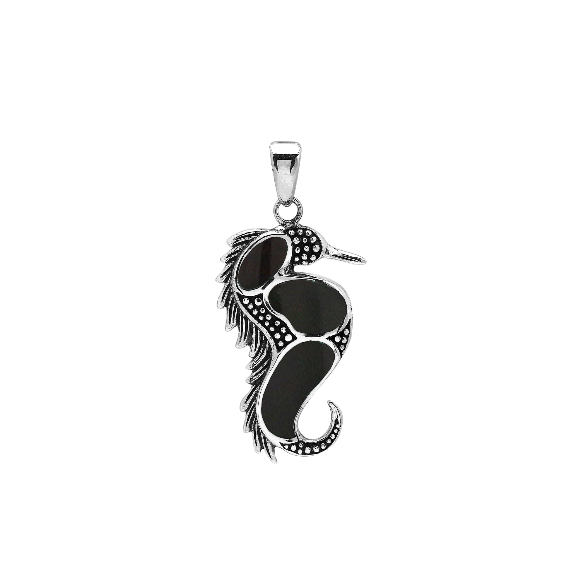 Wholesale sterling silver seahorse pendant with black shell inlay, handcrafted Bali design jewelry for resellers.