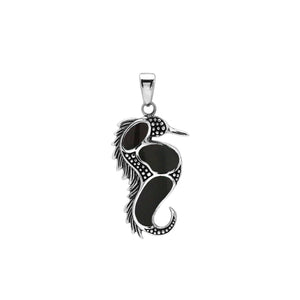 Wholesale sterling silver seahorse pendant with black shell inlay, handcrafted Bali design jewelry for resellers.