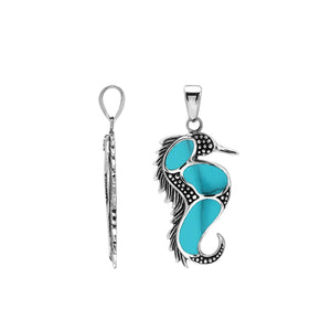 Wholesale sterling silver seahorse pendant with turquoise inlay, handcrafted Bali jewelry for resellers.