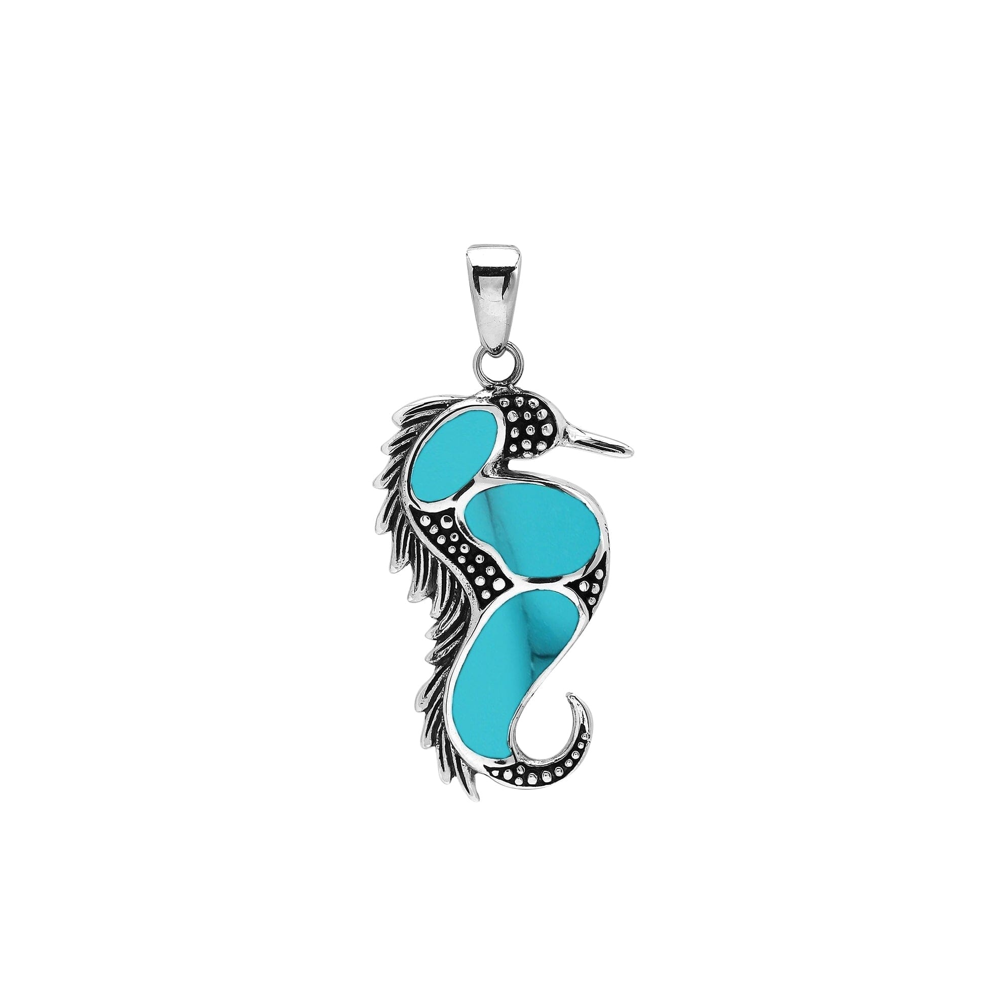 Wholesale sterling silver seahorse pendant with turquoise inlay, handcrafted Bali jewelry for resellers.