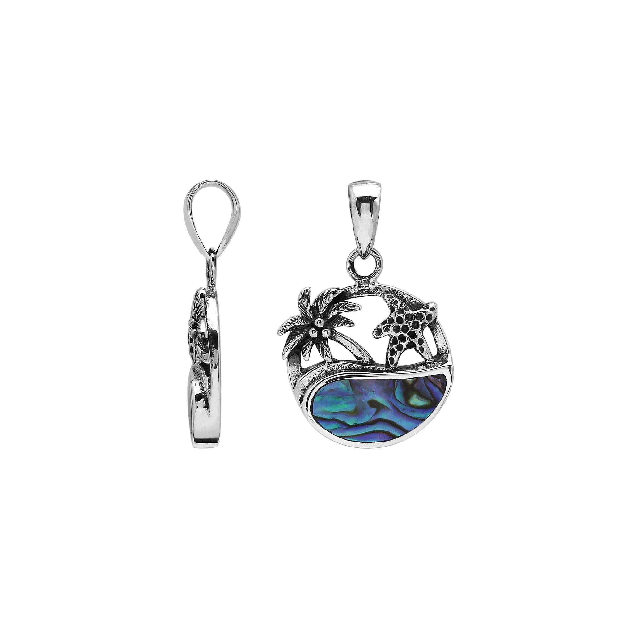 Wholesale sterling silver pendant with palm tree and starfish design, abalone shell inlay, handcrafted Bali jewelry for resellers