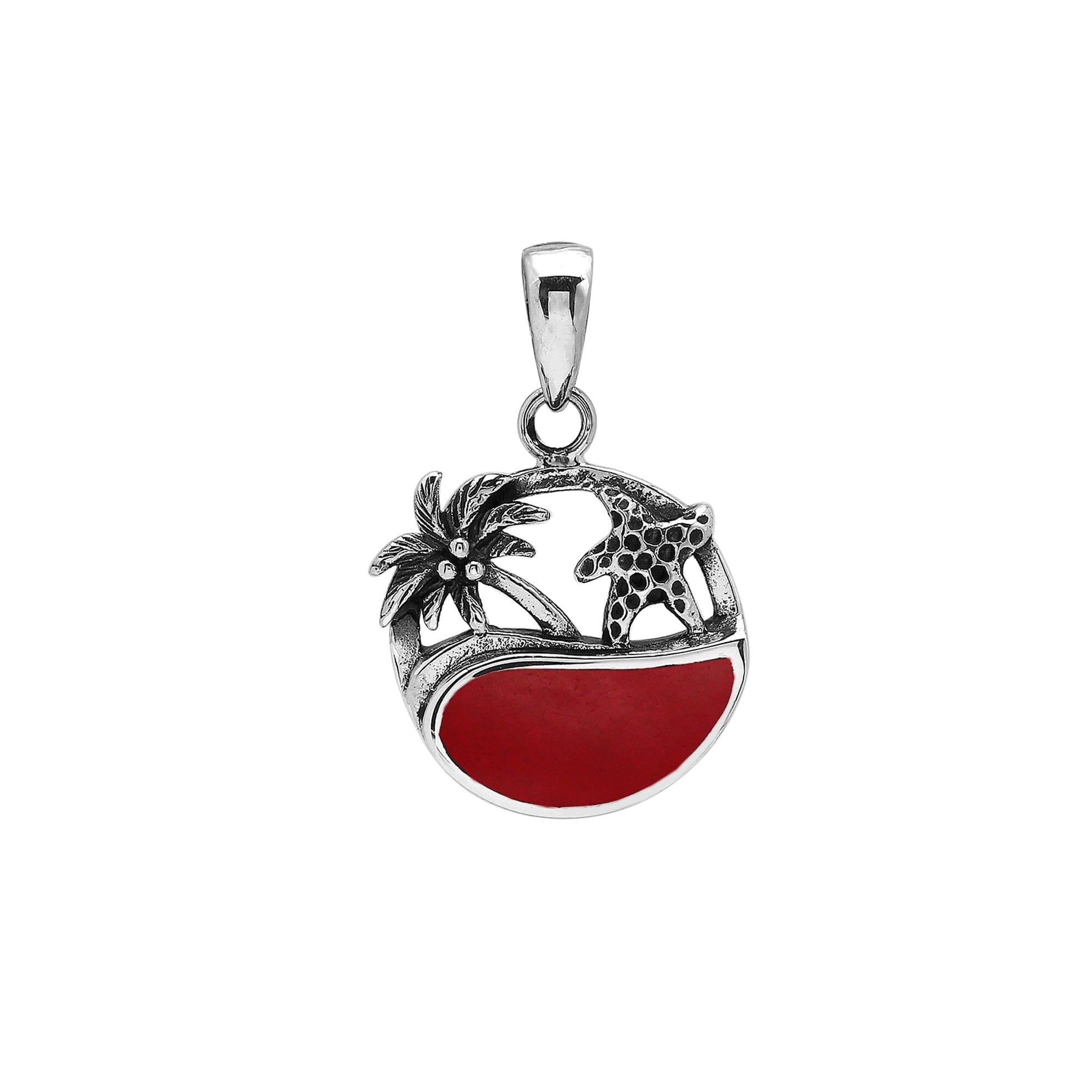 Sterling silver pendant with red coral inlay, palm tree and starfish design – handcrafted in Bali for wholesale.