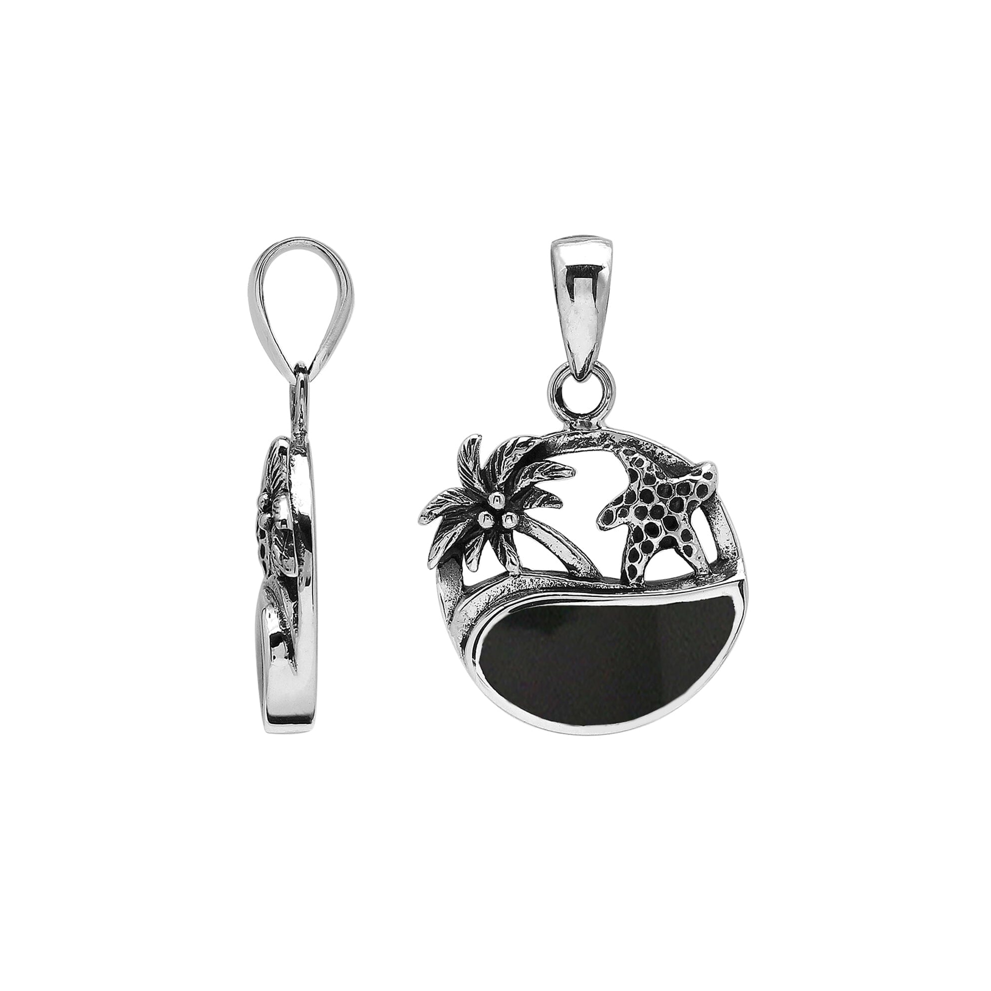 Sterling silver pendant with black shell inlay, palm tree and starfish design – handcrafted in Bali for wholesale.