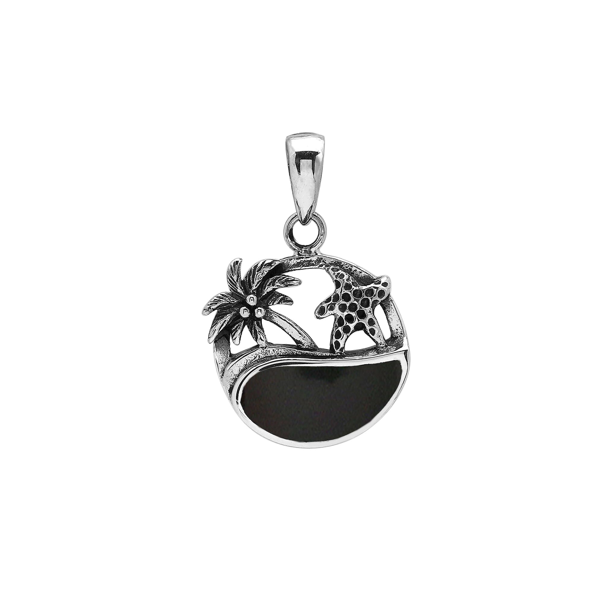 Sterling silver pendant with black shell inlay, palm tree and starfish design – handcrafted in Bali for wholesale.
