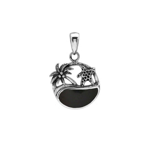 Sterling silver pendant with black shell inlay, palm tree and starfish design – handcrafted in Bali for wholesale.