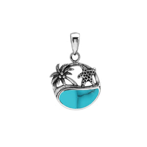 Sterling silver pendant with turquoise shell inlay, palm tree and starfish design – handcrafted in Bali for wholesale.