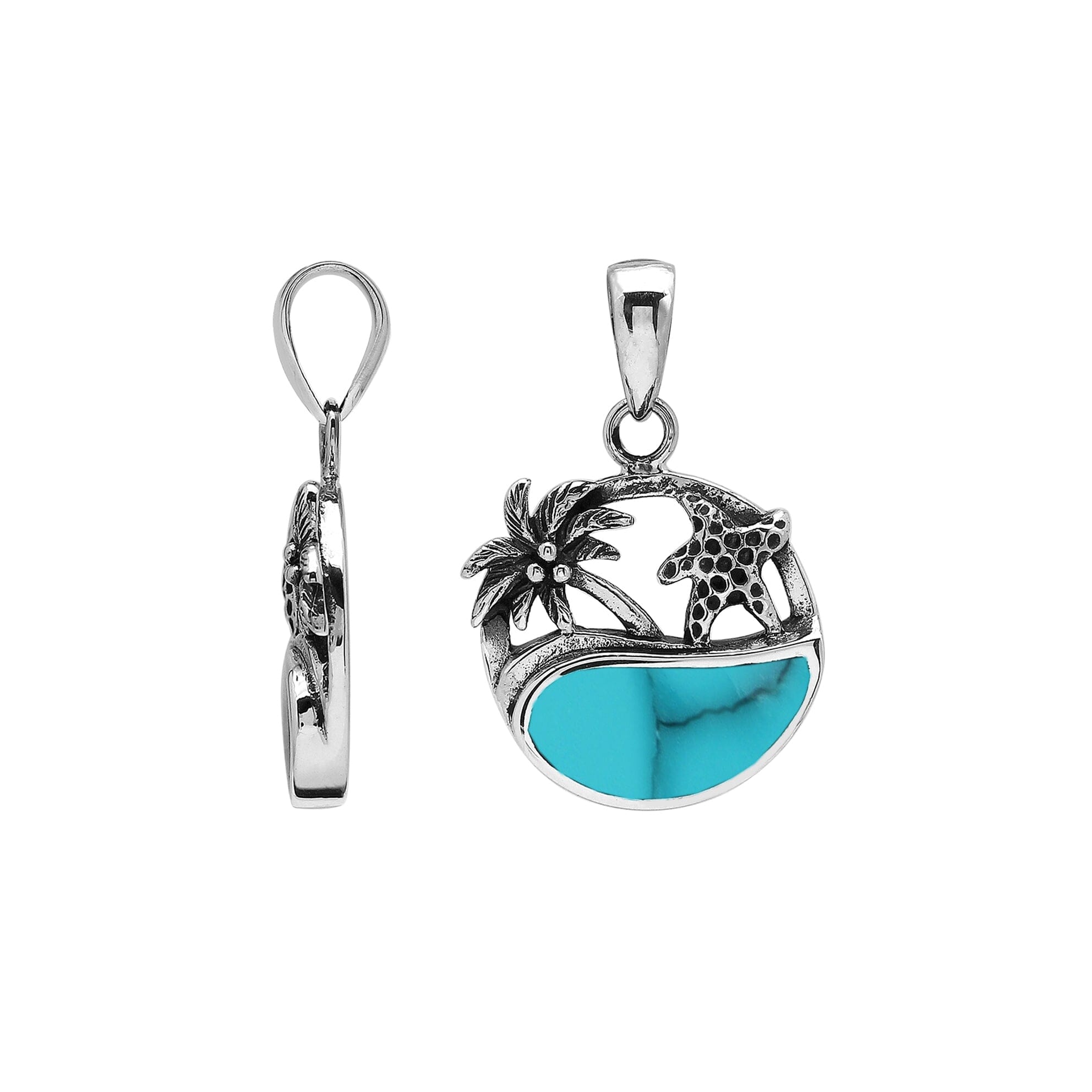 Sterling silver pendant with turquoise shell inlay, palm tree and starfish design – handcrafted in Bali for wholesale.