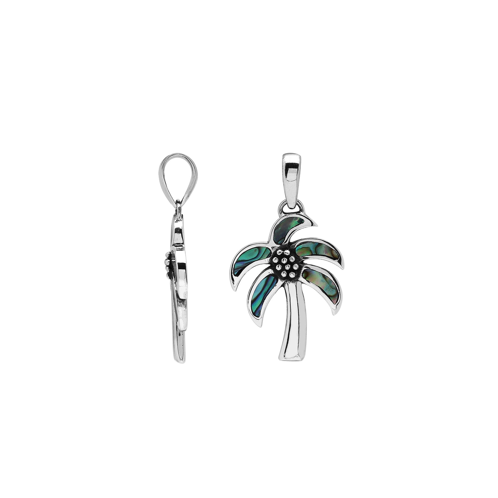 Sterling silver palm tree pendant with abalone shell inlay, handcrafted Bali jewelry for wholesale buyers.