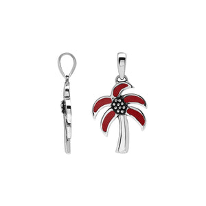 Sterling silver palm tree pendant with red coral inlay, handmade in Bali for wholesale jewelry collections.