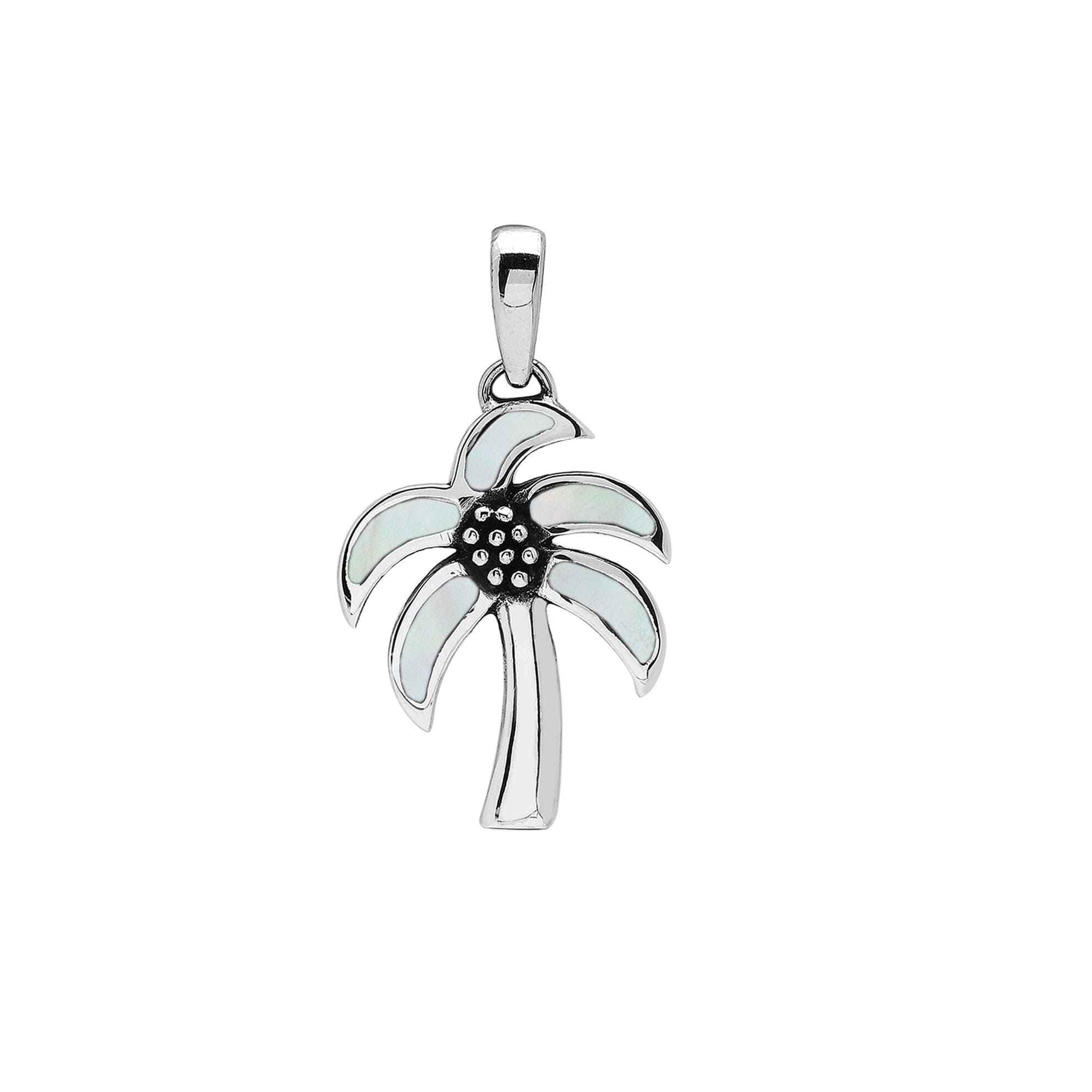Sterling silver palm tree pendant with Mother of Pearl inlay, handmade in Bali for wholesale jewelry collections.