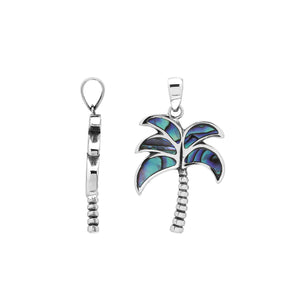 Sterling silver palm tree pendant with abalone shell inlay, handmade in Bali for wholesale jewelry buyers.
