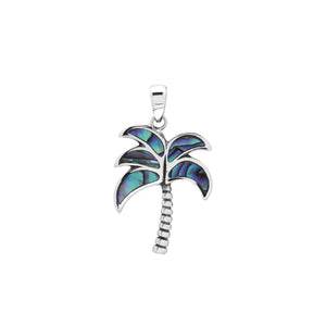 Sterling silver palm tree pendant with abalone shell inlay, handmade in Bali for wholesale jewelry buyers.