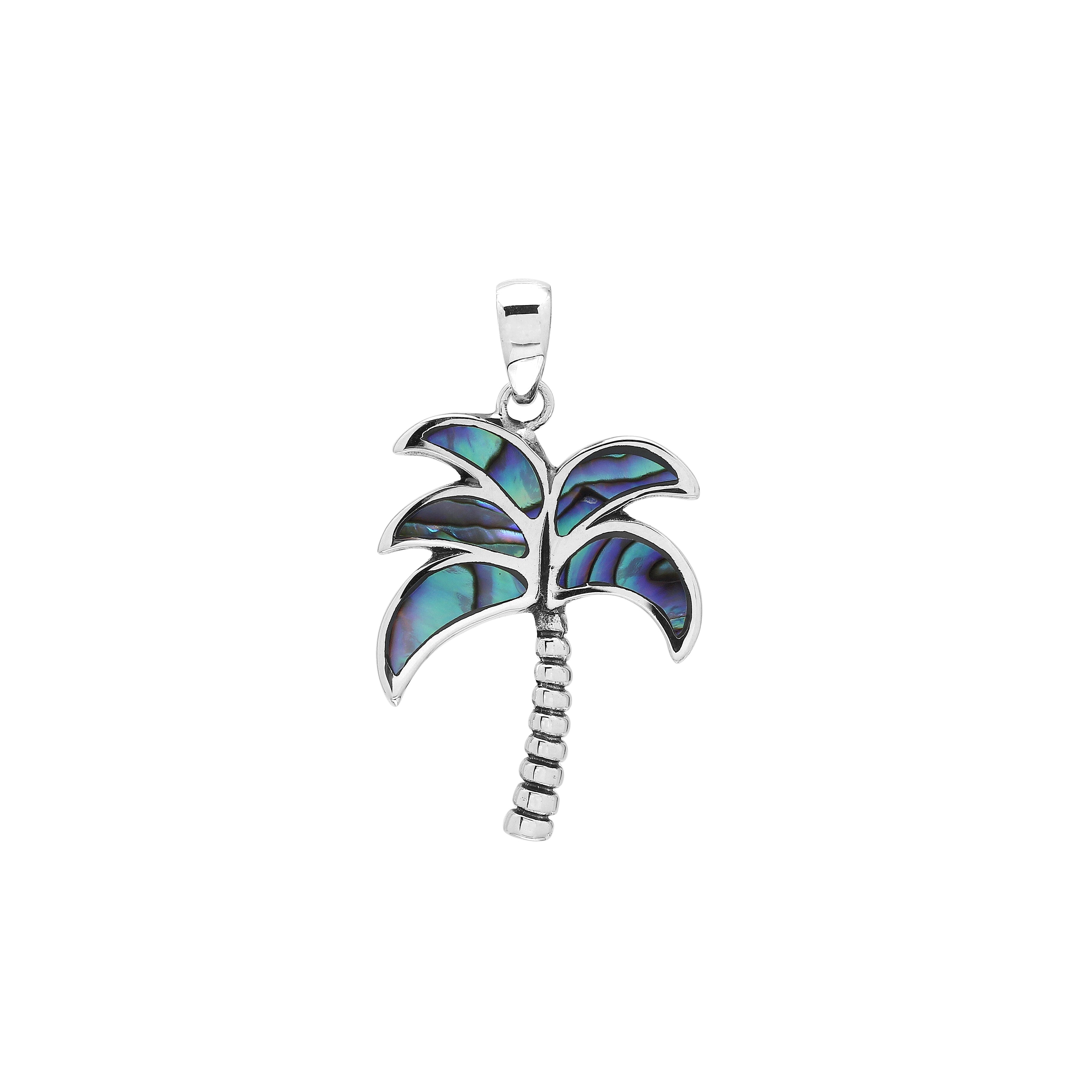 Sterling silver palm tree pendant with abalone shell inlay, handmade in Bali for wholesale jewelry buyers.