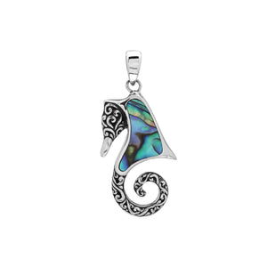 Sterling silver seahorse pendant with abalone shell inlay and Balinese scroll detailing, handmade in Bali for wholesale buyers.