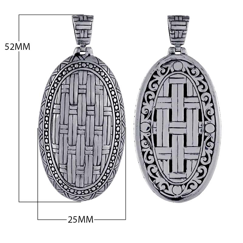 Wholesale sterling silver oval pendant with woven texture and ornate border design.