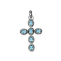 Sterling silver cross pendant with oval faceted blue topaz quartz and beaded detailing, handcrafted in Bali