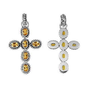 Sterling silver cross pendant with oval faceted citrine quartz and beaded silver border, handcrafted in Bali