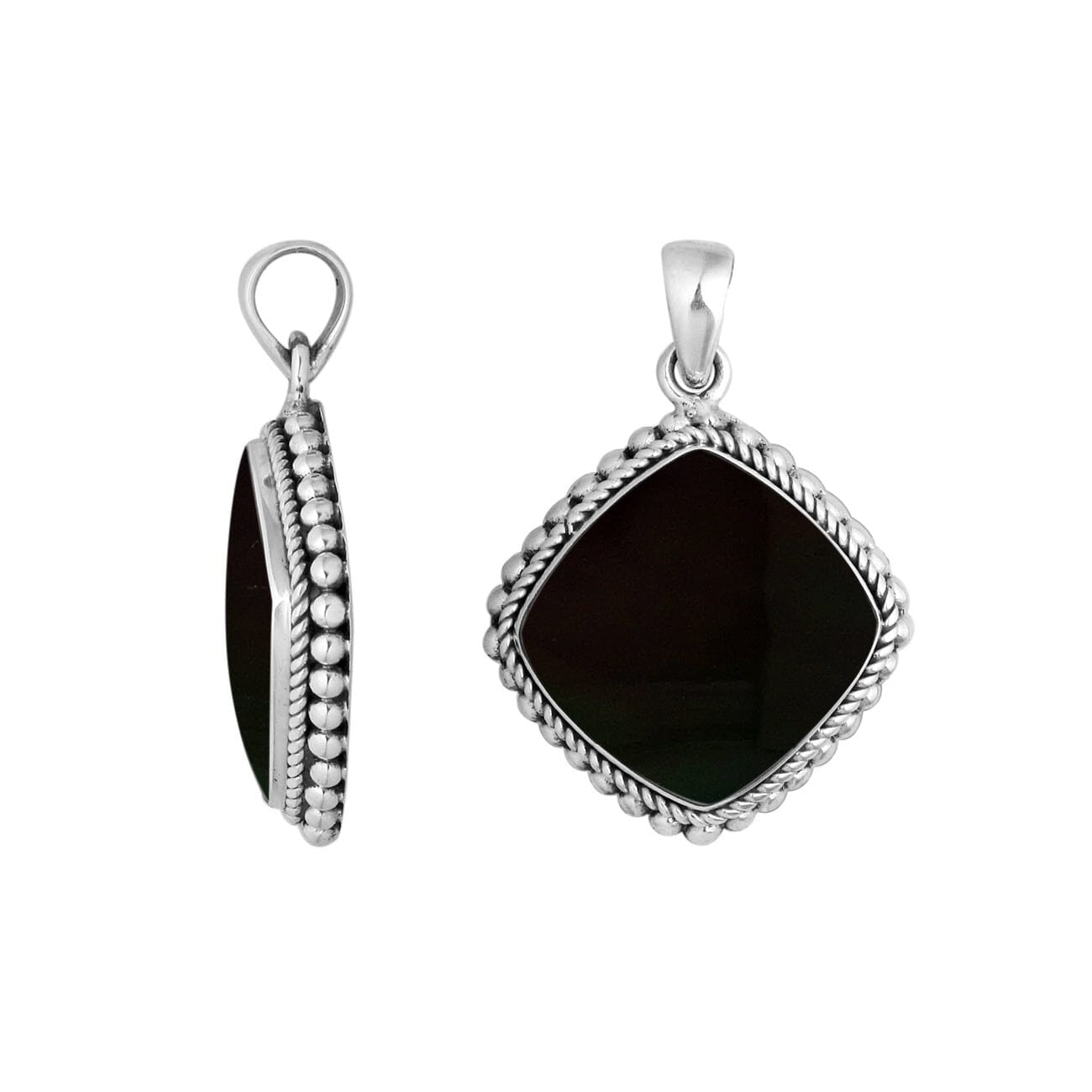 925 sterling silver pendant with black shell cushion shape and rope beaded border handcrafted in Bali