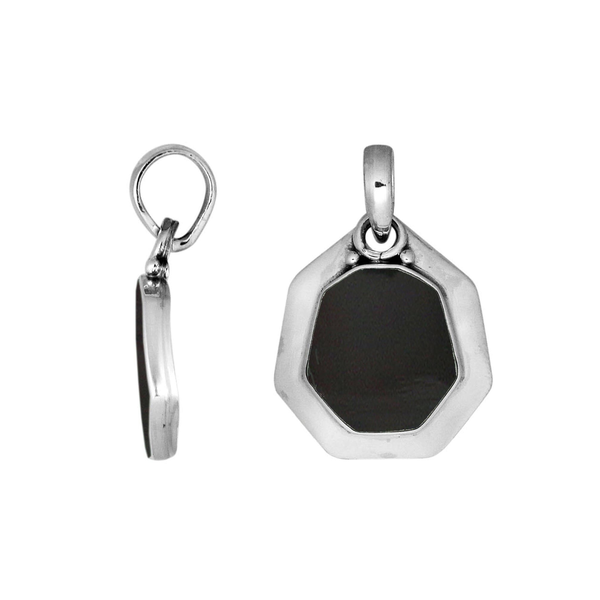 Sterling Silver Octagon Shape Black Shell Pendant With Smooth Silver Frame